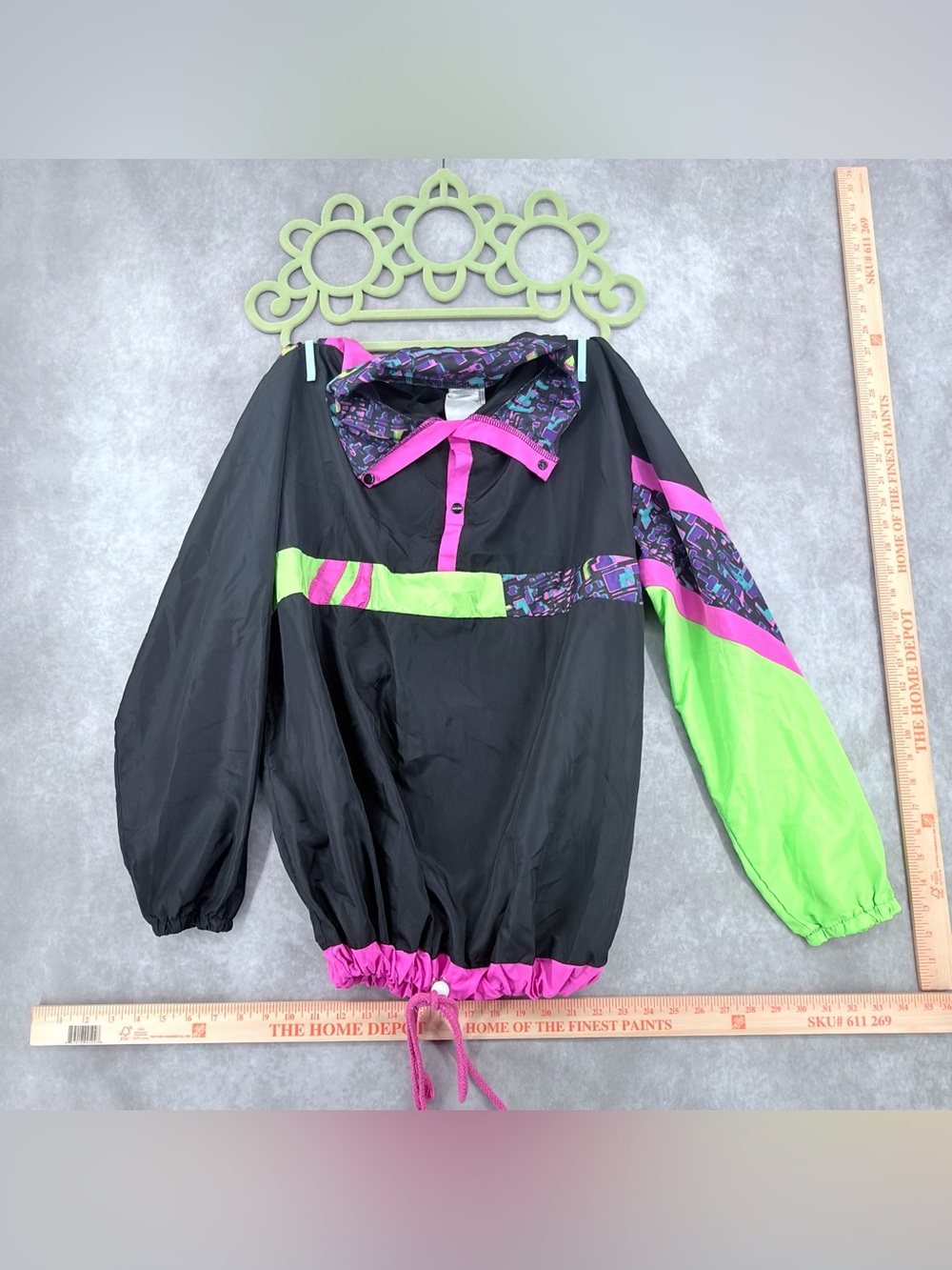 Vintage Black Windbreaker with Neon Pink & Lime Green Accents spirit Halloween